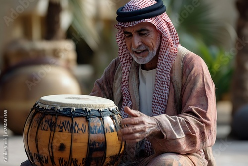 Emirati musician playing traditional drum in the united arab emirates
