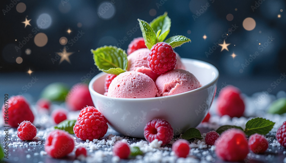 Handcrafted raspberry ice cream scoops artfully displayed in a white bowl surrounded by fresh raspberries and mint leaves, dreamy cosmic backdrop, delightful dessert concept. Handcrafted raspberry ice cream scoops artfully displayed in a white bowl surrounded by fresh raspberries and mint leaves, dreamy cosmic backdrop, delightful dessert concept.