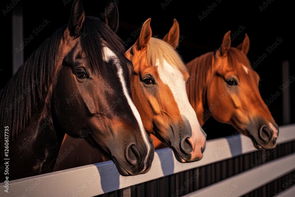 Obraz premium Three horses looking over a wooden fence in a stable during golden hour sunlight