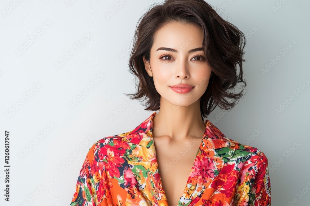 Elegant Young Woman with Floral Blouse Smiling at Camera in Bright Natural Light Setting Elegant Young Woman with Floral Blouse Smiling at Camera in Bright Natural Light Setting