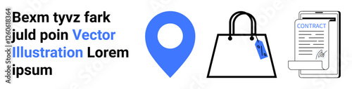 Free Download Blue location pin, shopping bag with tag, and signed contract highlight commerce, navigation, and agreements. Ideal for retail, marketing, procurement, contracts logistics delivery flat landing - GFXLoad