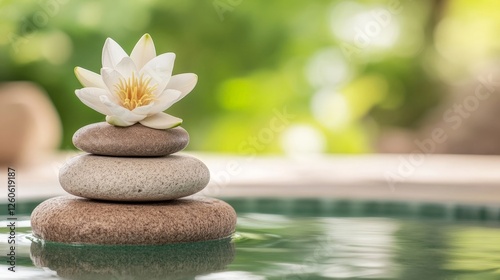 Serene Water Scene with a Blooming Lotus Flower and Balanced Stones