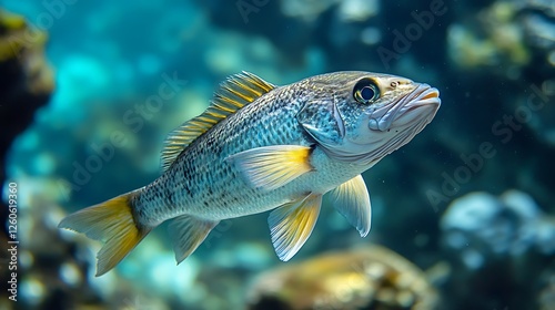 Underwater fish swimming, coral reef background, ocean life, marine wildlife, nature documentary photo