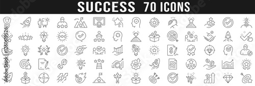 Big set of success related line icons. Award, star, target etc. Editable stroke