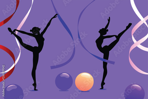 Create a vibrant vector illustration of a rhythmic gymnast gracefully performing with ribbons and balls, showcasing dynamic movement and elegant poses.