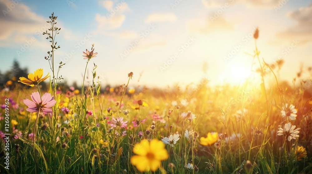 Fototapeta premium Golden sunrise illuminating a field of vibrant wildflowers, symbolizing new beginnings