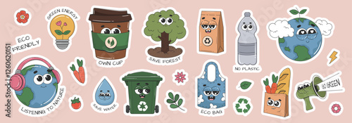 Set of cartoon eco stickers for Earth or World Environment Day. Zero waste, recycle, save Earth, less plastic concepts. Ecology, environmental protection. Vector collection. 