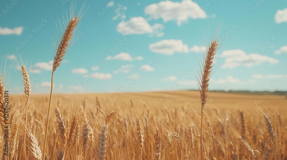 Naklejka premium Golden wheat field swaying under a bright blue sky with fluffy white clouds