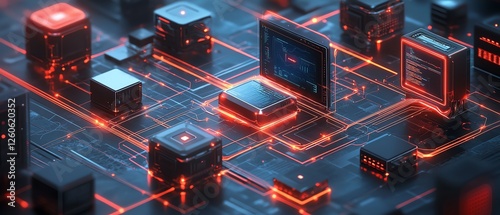 A 3D visualization of a unified endpoint security system, data flowing through protected devices, seamless management interface, futuristic tech