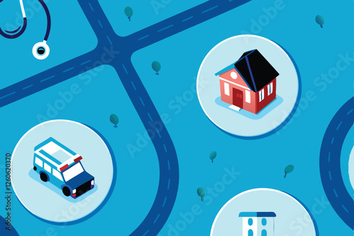 Create a seamless vector pattern featuring diverse icons representing essential public services, including healthcare, transportation, education, and emergency services.