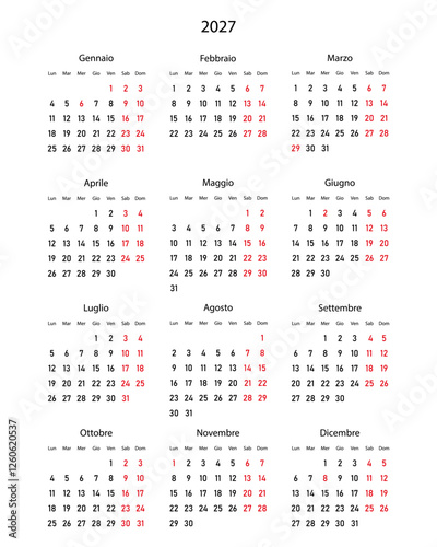 2027 calendar minimalist on Italian language with italian holidays. Week start on Monday.	