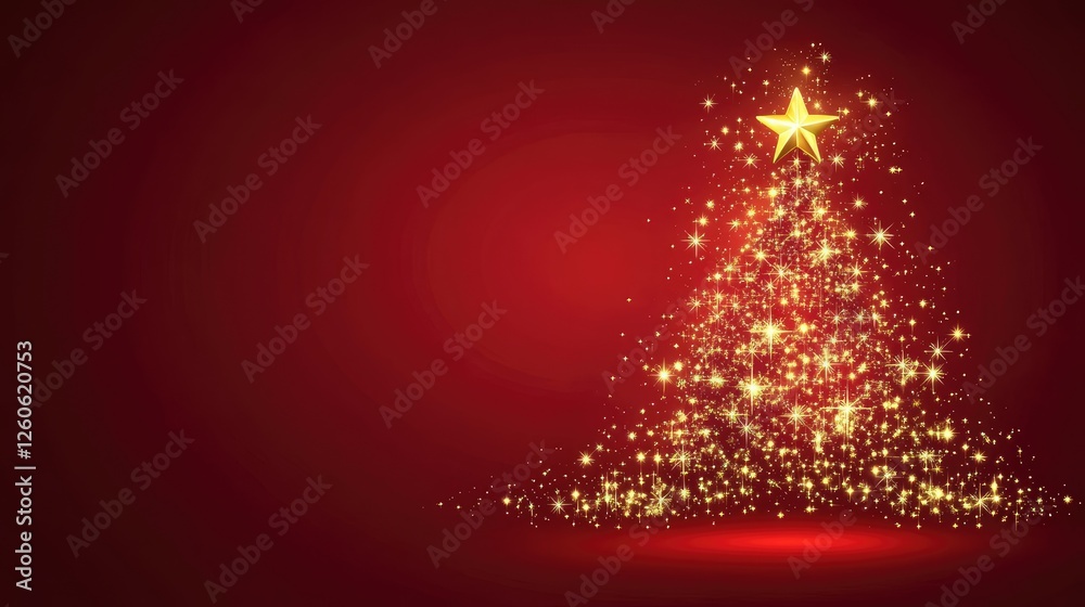 A glowing golden Christmas tree with sparkling lights and a star on a red background, radiating festive warmth. Ideal for holiday promotions, greeting cards, and seasonal decorations A glowing golden Christmas tree with sparkling lights and a star on a red background, radiating festive warmth. Ideal for holiday promotions, greeting cards, and seasonal decorations
