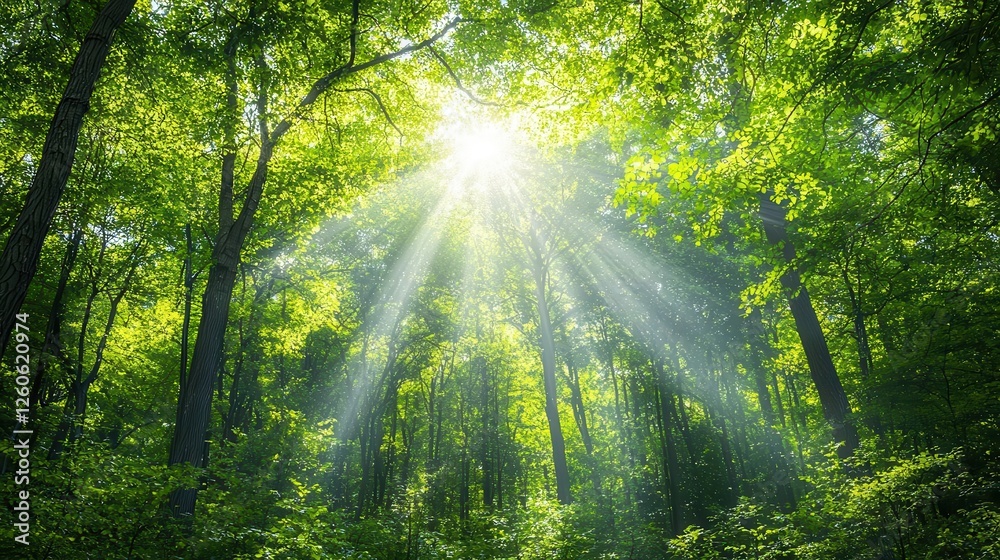 Obraz premium Light streaming through a forest canopy, creating glowing rays on the forest floor