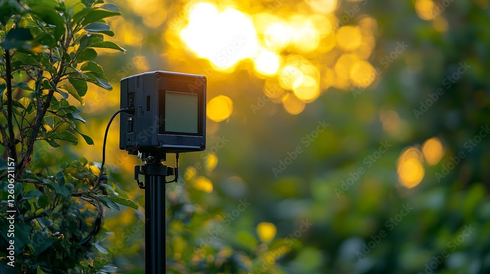 Stylish camera stand capturing breathtaking bokeh during sunset in a garden Stylish camera stand capturing breathtaking bokeh during sunset in a garden