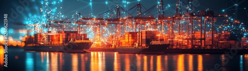A dynamic supply chain network map with glowing intermodal connections linking global trade routes, detailed and immersive photo