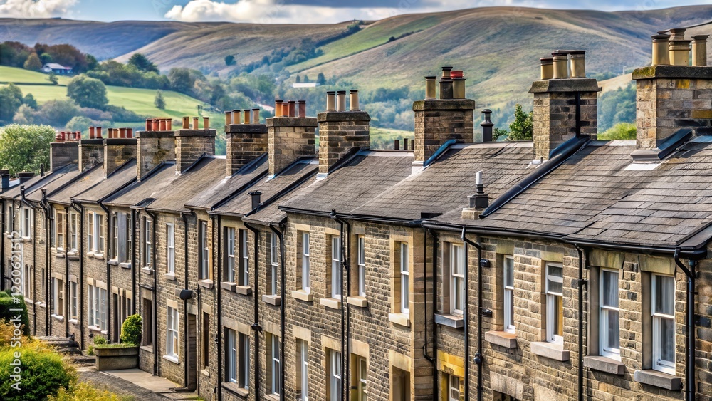 Fototapeta premium Chimney tops on row of stone terraced houses in Lancashire