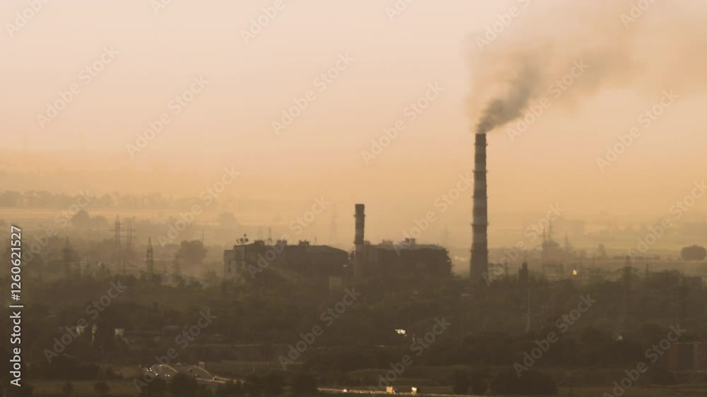 View of the city, poisoned by smoke from the factory pipes. Panorama of the city evening. Russia View of the city, poisoned by smoke from the factory pipes. Panorama of the city evening. Russia