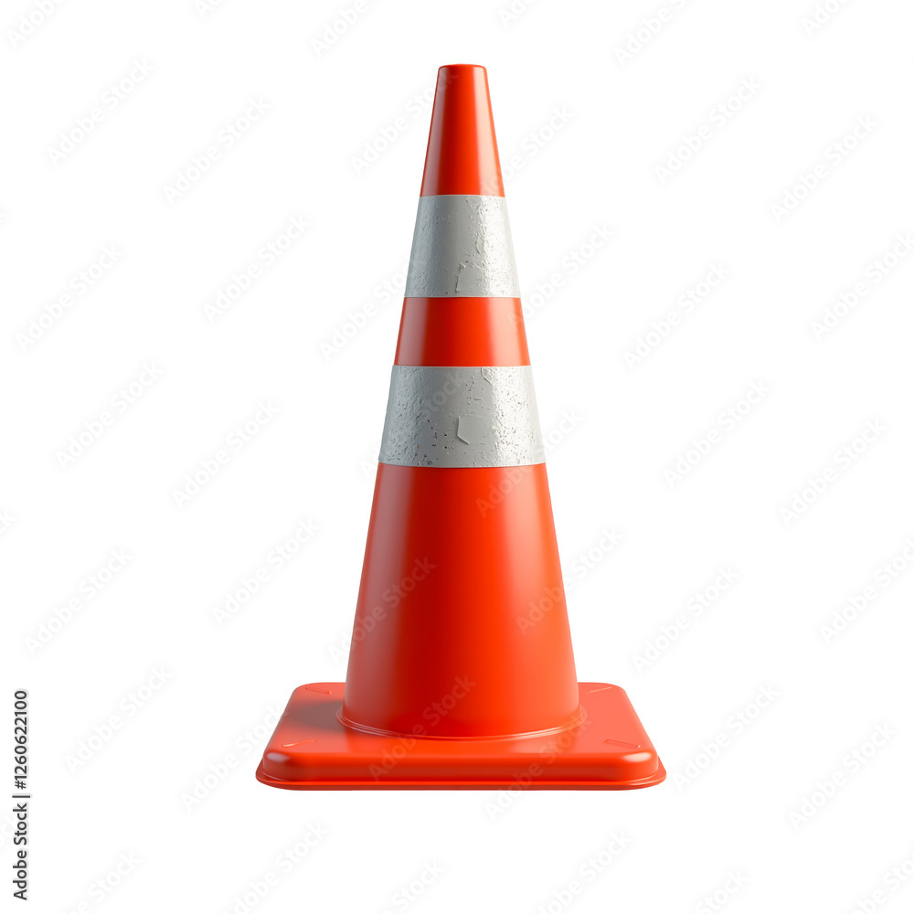 Bright orange traffic cone with white stripes standing upright on an isolated background, designed for safety and traffic management in urban settings Bright orange traffic cone with white stripes standing upright on an isolated background, designed for safety and traffic management in urban settings