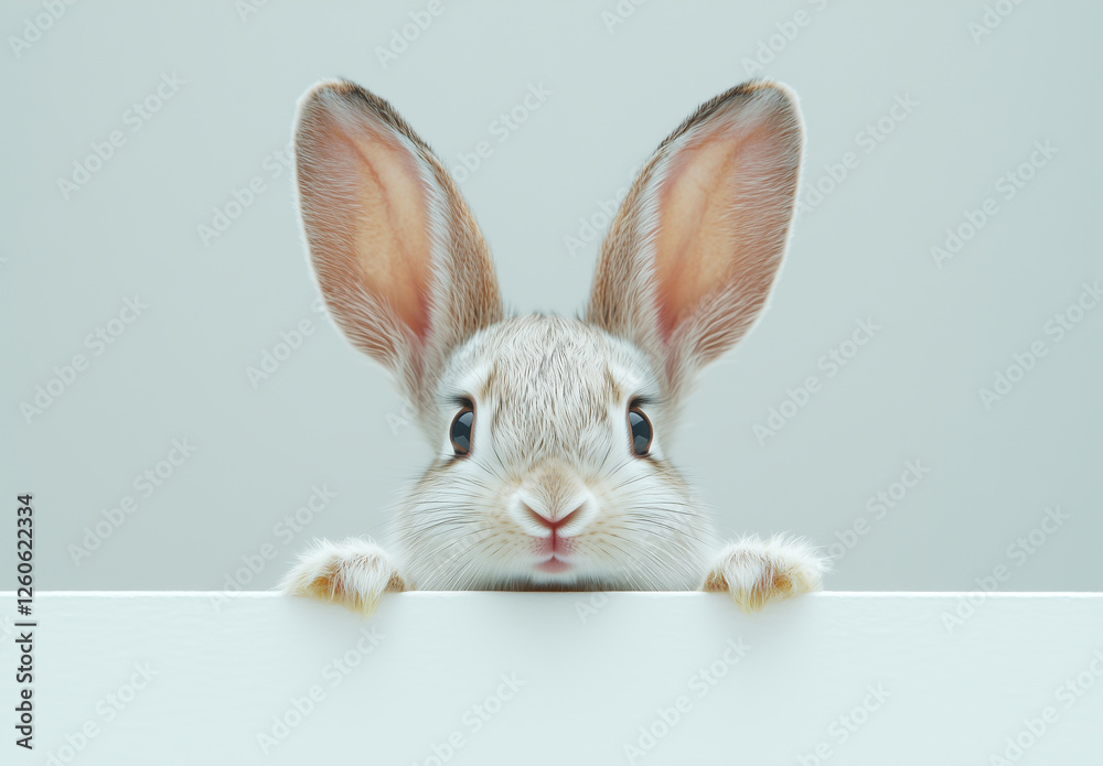 Obraz premium Easter concept: A cute little bunny peeking over the edge of an empty white surface, with big eyes and long ears, in soft pastel colors, isolated on a white background, high in detail