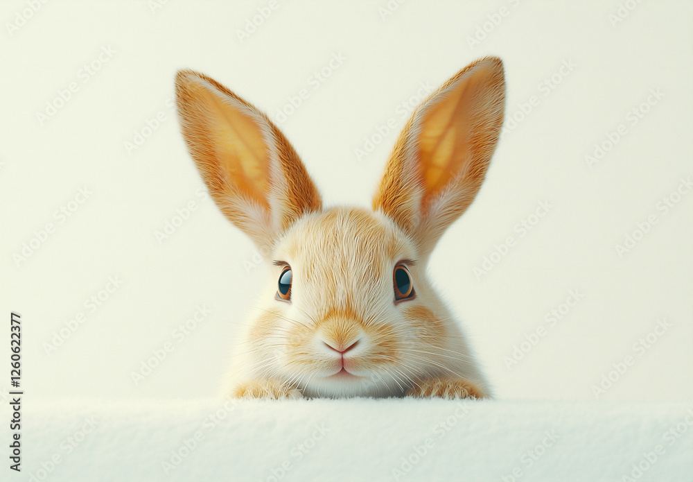 Obraz premium Easter concept: A cute little bunny peeking over the edge of an empty white surface, with big eyes and long ears, in soft pastel colors, isolated on a white background, high in detail