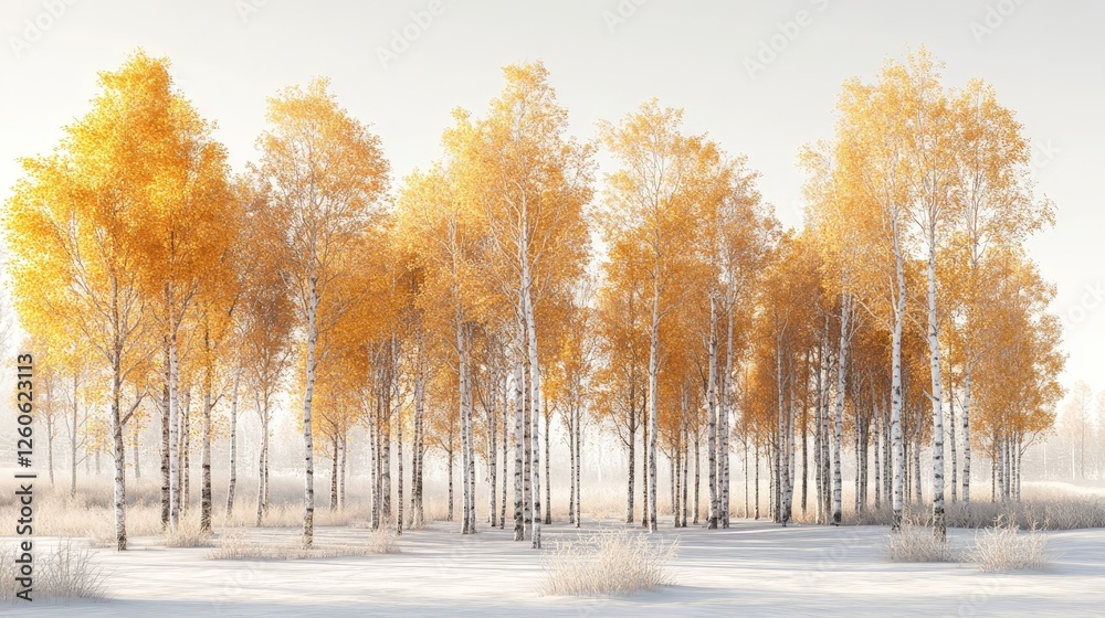 Golden Autumn Birch Trees in a Snowy Landscape with a Frosty Clear Sky Golden Autumn Birch Trees in a Snowy Landscape with a Frosty Clear Sky