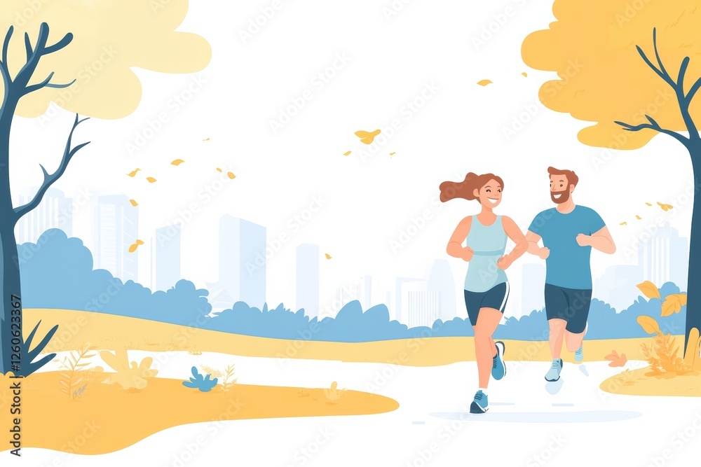 A man and woman enjoy jogging together in a city park filled with vibrant autumn leaves A man and woman enjoy jogging together in a city park filled with vibrant autumn leaves