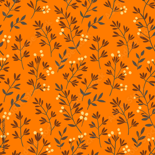 A striking seamless vector pattern of navy leaves and white berries against a bold orange backdrop creates a vibrant and autumnal botanical design with a retro flair