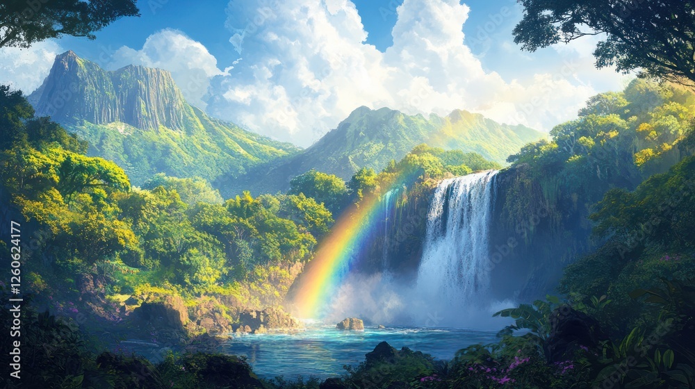 Fototapeta premium Tropical waterfall rainbow scenic landscape, paradise travel poster