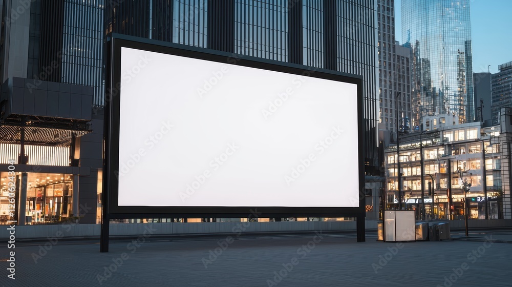 Obraz premium A large blank billboard stands prominently in an urban setting, surrounded by modern buildings, ready for advertising or announcements.