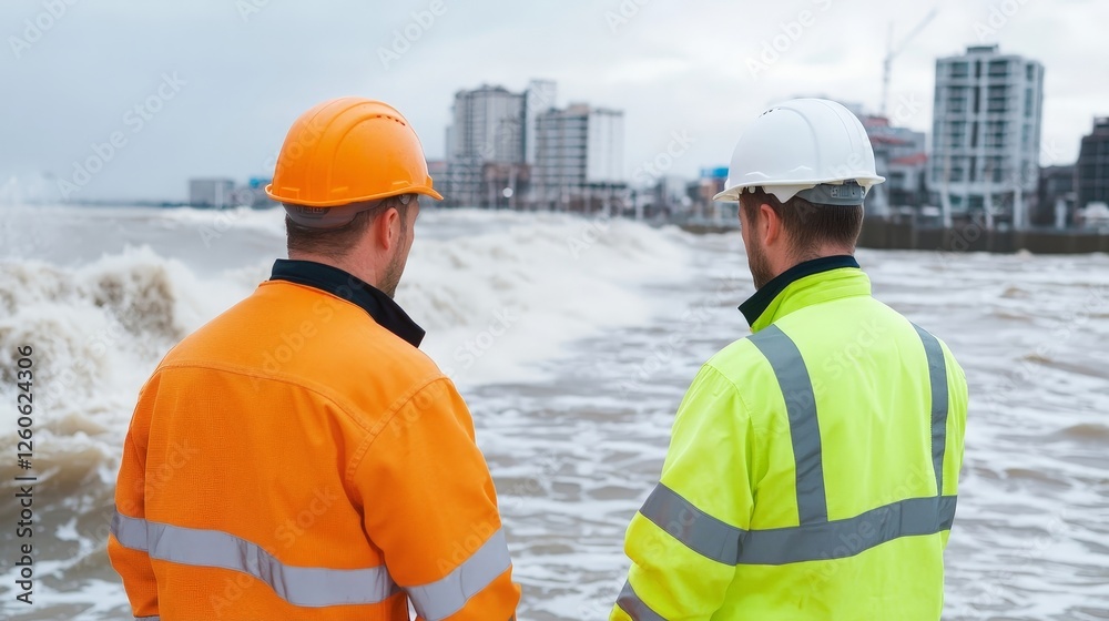Two workers in safety gear observing rough ocean waves at a city waterfront