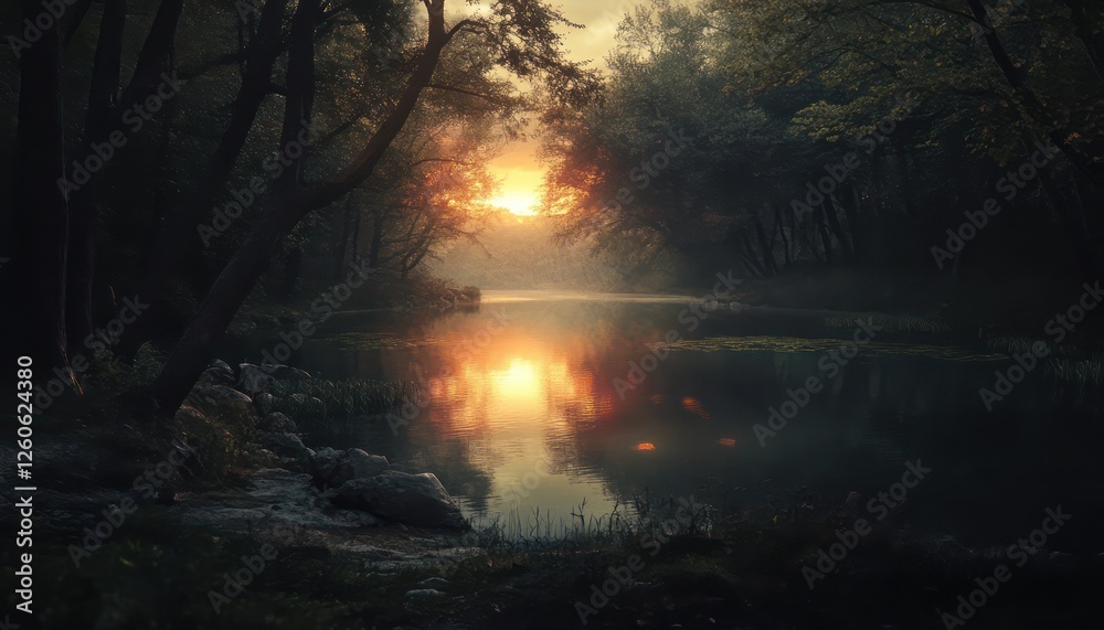 Fototapeta premium Tranquil lake scene reflecting a golden sunset among the trees