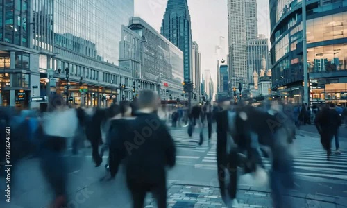 Downtown of a big city with people passing by in fast motion. urban life