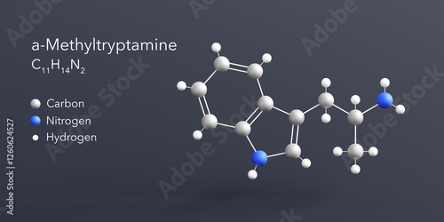 a-methyltryptamine molecule 3d rendering, flat molecular structure with chemical formula and atoms color coding photo