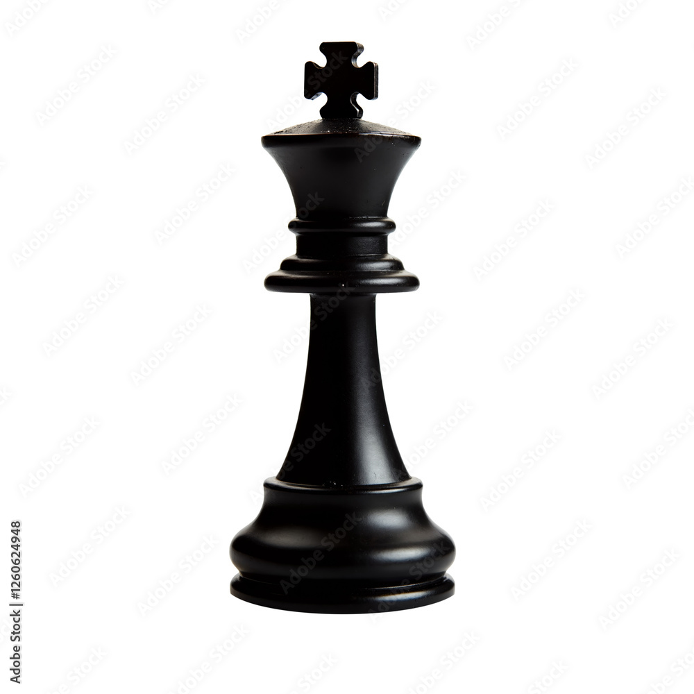 Elegant black king chess piece on a white background, showcasing glossy finish and intricate craftsmanship for art or education Elegant black king chess piece on a white background, showcasing glossy finish and intricate craftsmanship for art or education