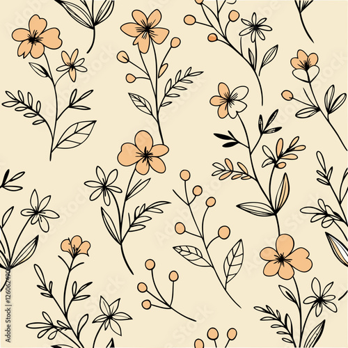 A delicate seamless vector pattern of outlined flowers with soft orange and beige accents against a light beige backdrop creates a gentle and naturally elegant floral design
