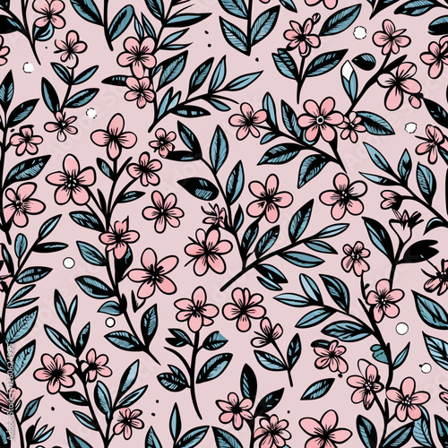 A sophisticated seamless vector pattern features a striking contrast of bold black and delicate pink flowers with olive green leaves, all set against a soft beige backdrop for a naturally elegant desi