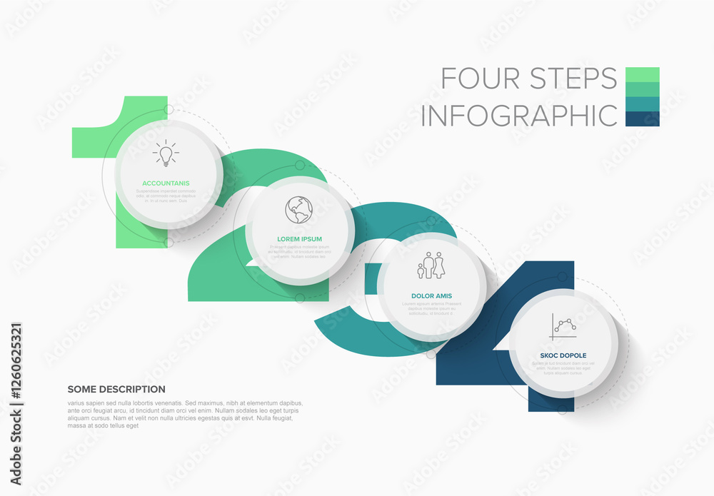 Four Step Infographic Template with blue green Numbers and big circle diagonal buttons