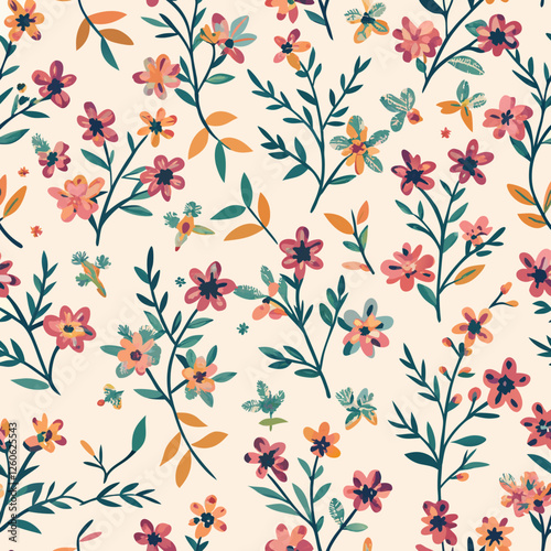 A charming seamless vector pattern of small pink blossoms and verdant leaves, reminiscent of a delicate watercolor painting, creates a naturally elegant and fresh floral design