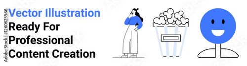 Woman in casual outfit pondering, popcorn bucket symbolizing leisure, blue happy face denoting positivity. Ideal for entertainment, creativity, leisure, brainstorming, positivity, content creation