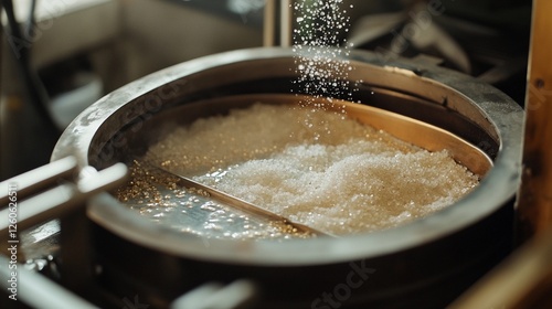 Sugar being poured into a cooking vessel in a kitchen preparing sweet treats during a bright afternoon photo