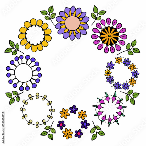 A cheerful circular arrangement of diverse vector floral wreaths, each uniquely styled and brightly colored, presents a delightful collection of botanical design elements