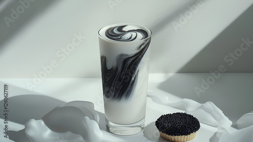 Black sesame latte art drink paired with a petite black sesame pastry in a light, modern setting.