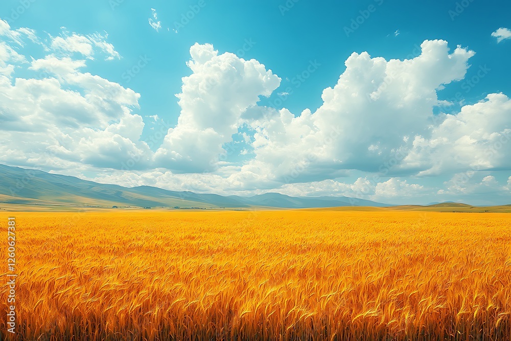 Expansive golden wheat field under a vibrant blue sky with fluffy clouds and distant mountains Expansive golden wheat field under a vibrant blue sky with fluffy clouds and distant mountains