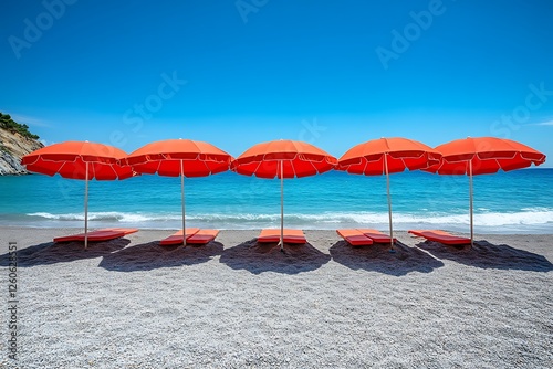 Five vibrant red beach umbrellas lined up on a sunny shore with clear blue waters and a serene background