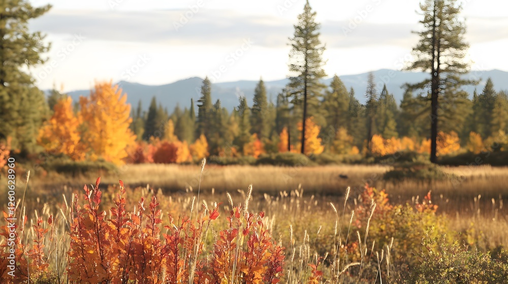 Obraz premium Autumn Meadow Landscape with Golden Trees and Red Bushes