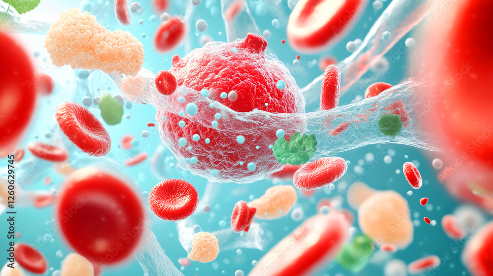 Fototapeta premium Digital illustration of microscopic blood cells and biological processes