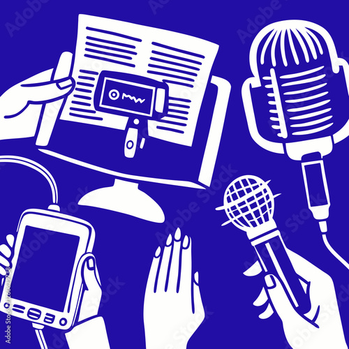 A vibrant vector illustration showcasing diverse media tools such as a microphone, smartphone, newspaper, and computer screen, symbolizing the dynamic interplay of traditional and digital communicatio