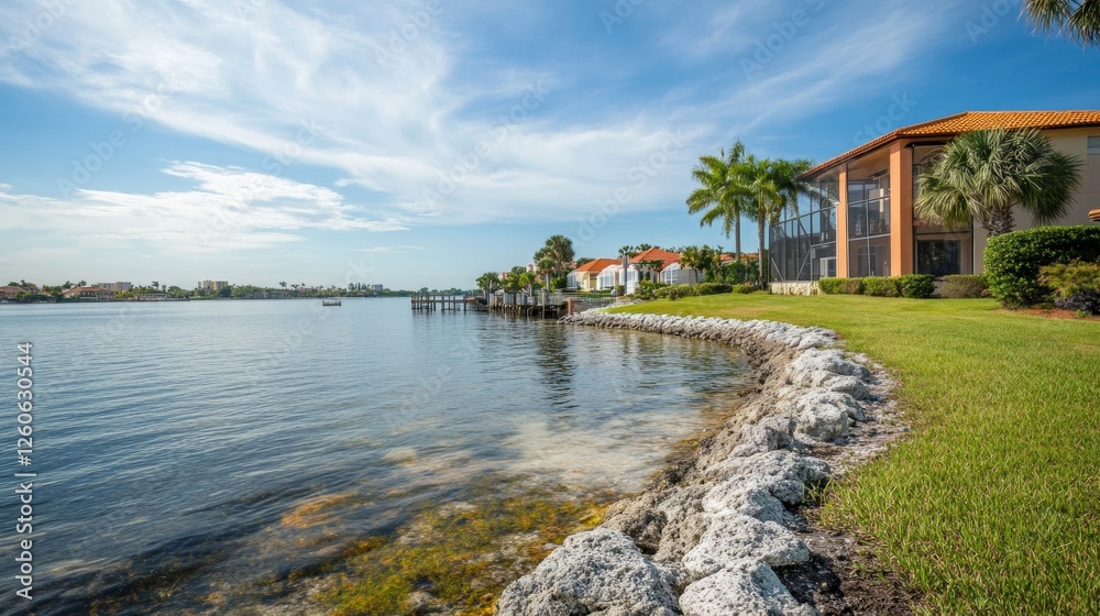 A body of water with a house on the shore A body of water with a house on the shore