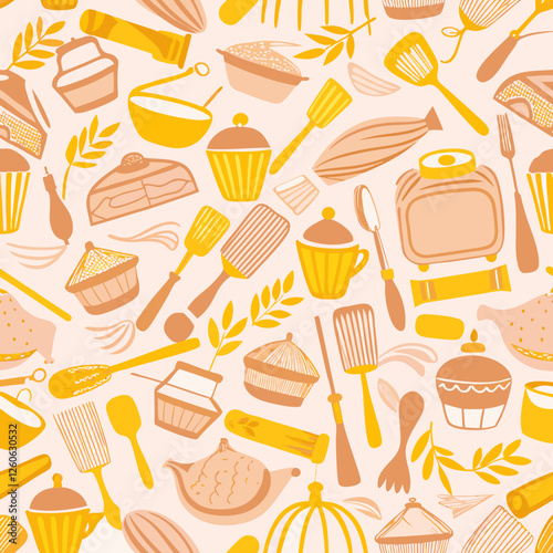 A seamless vector pattern featuring charming baking utensils and delightful ingredients like whisks, rolling pins, spatulas, and cupcakes, perfect for culinary-themed projects and cozy kitchen decor