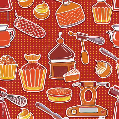Playful and vibrant vector pattern showcasing a delightful assortment of baking and kitchen tools, perfect for culinary-themed designs, decorations, and creative projects